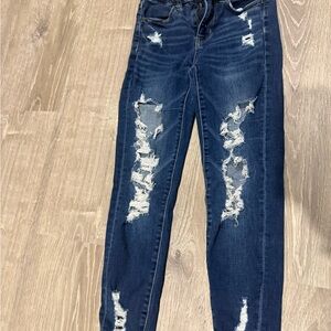 American Eagle Outfitters Dark Blue Distressed Boyfriend Jeans 00 X-short